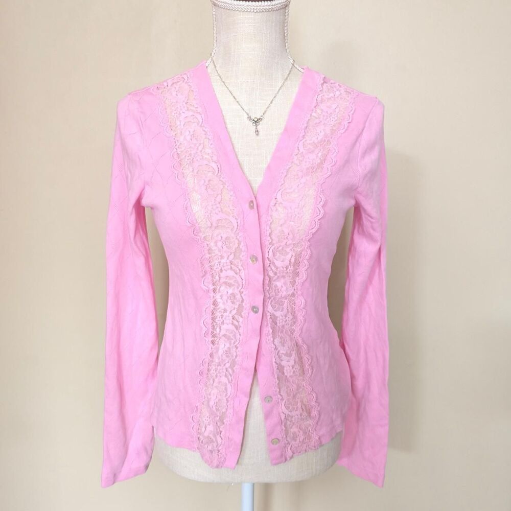 LoveShackFancy Pink Lace Pointelle Cardigan
